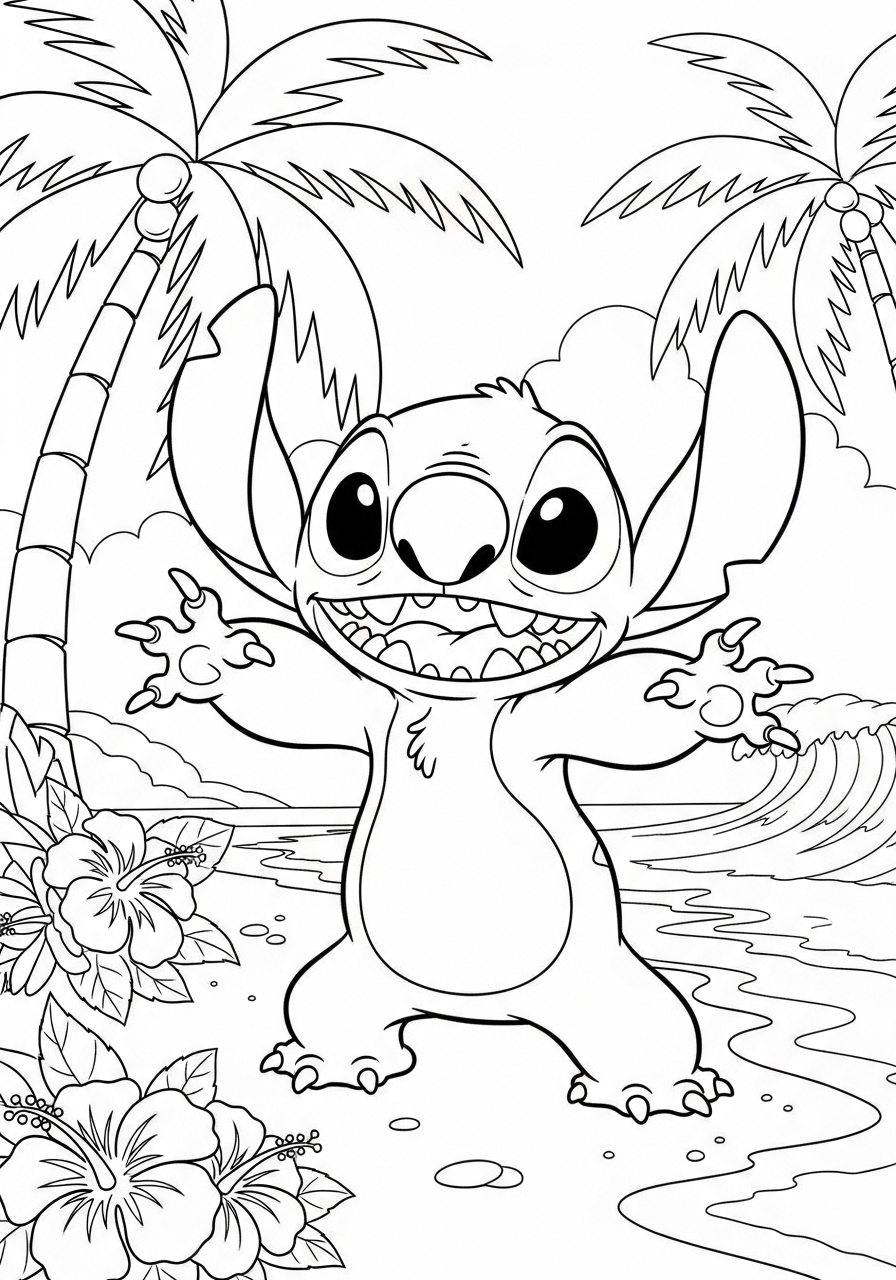 Desenho da Disney com o Stitch na praia para colorir