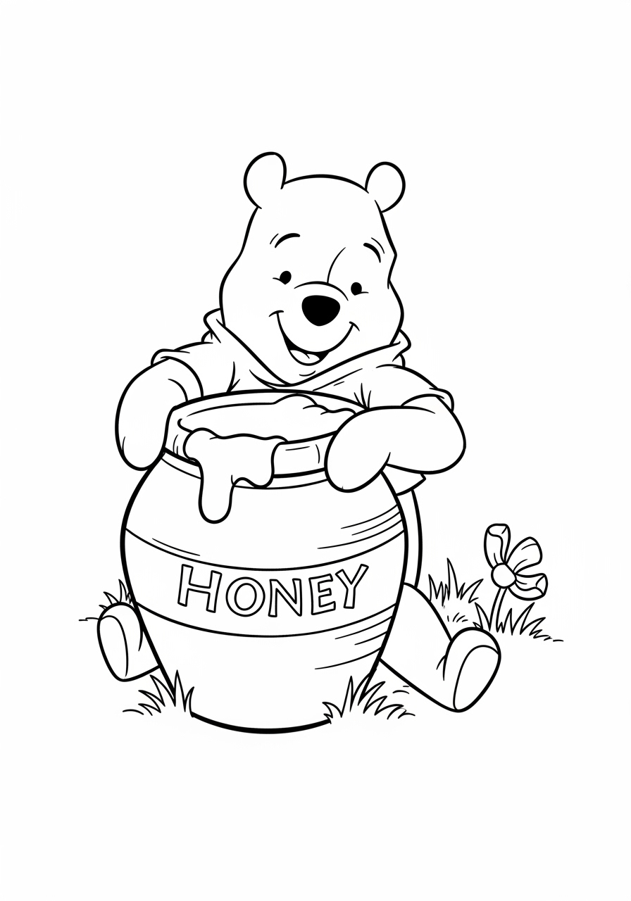 Desenho da Disney com o Ursinho Pooh e pote de mel para colorir