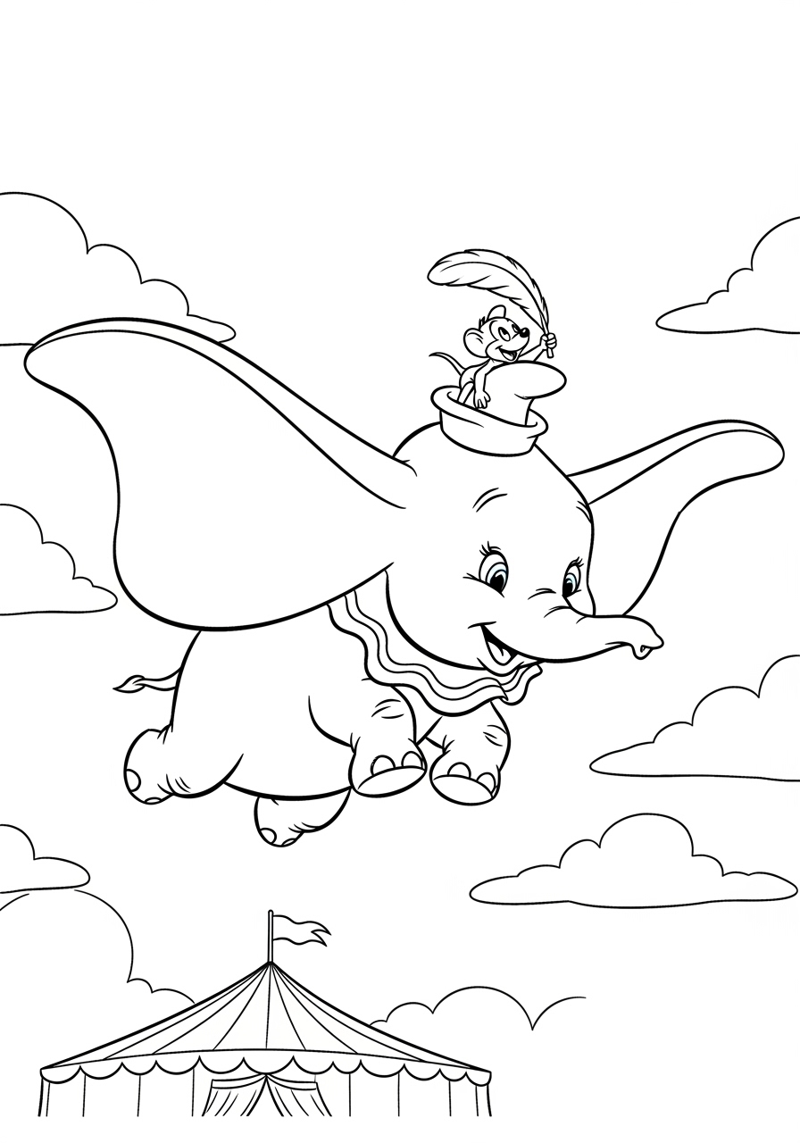 Desenho da Disney com o Dumbo voando para colorir