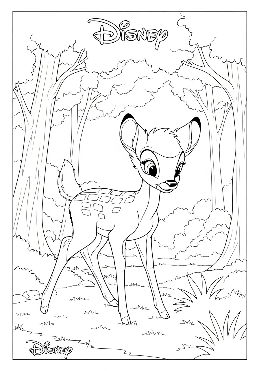 Desenho da Disney do Bambi em meio à floresta para colorir
