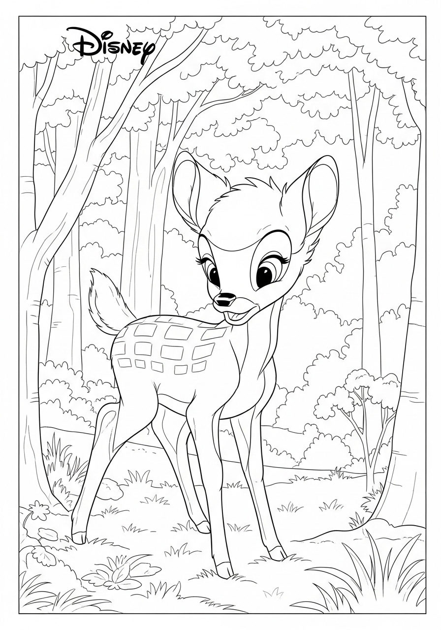 Desenho da Disney do Bambi em meio à floresta para colorir