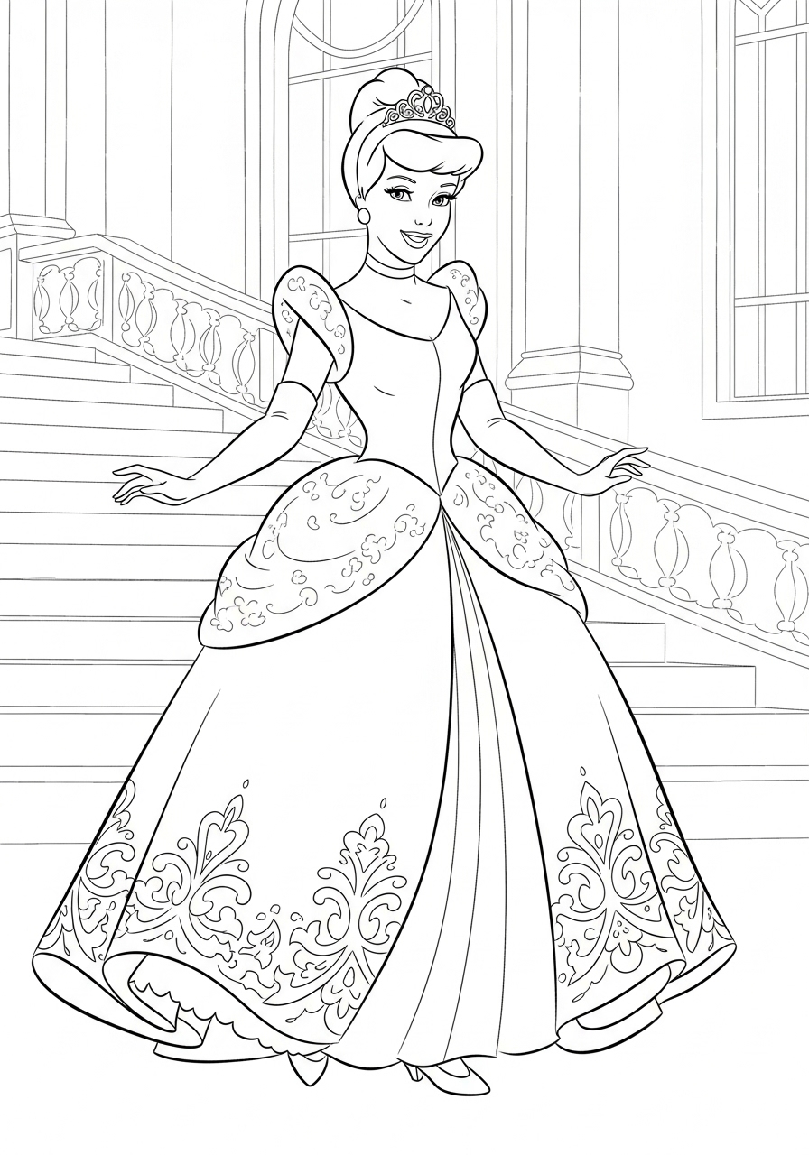 Desenho da Disney com a princesa em vestido elegante para colorir