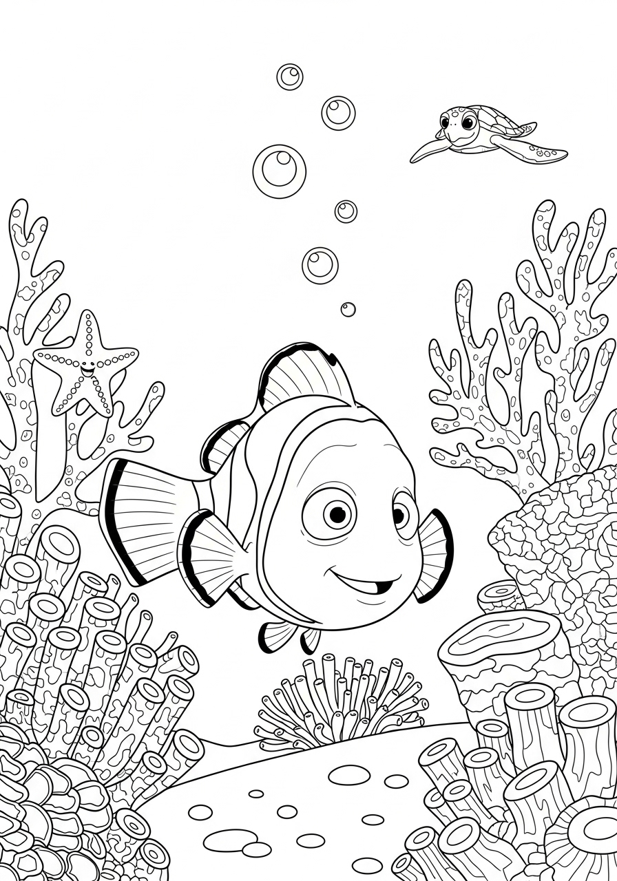 Desenho da Disney com o Nemo nadando entre corais