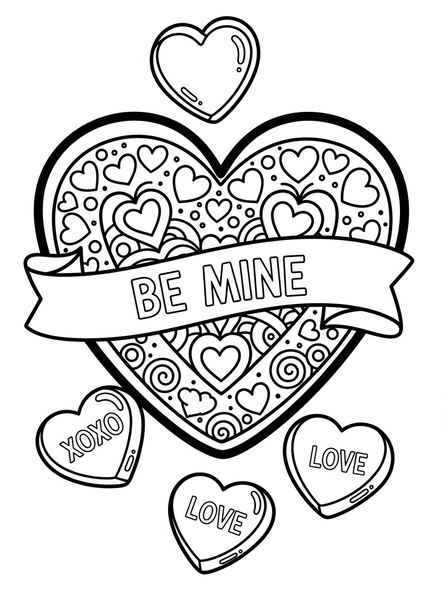 Desenho de Coração com texto e corações para colorir