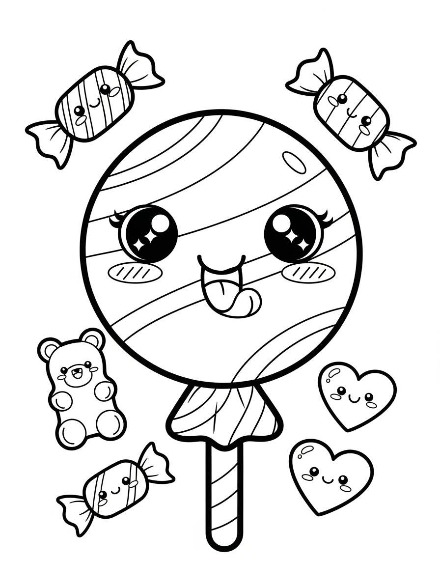 Desenho de Doces com pirulito e balas para colorir