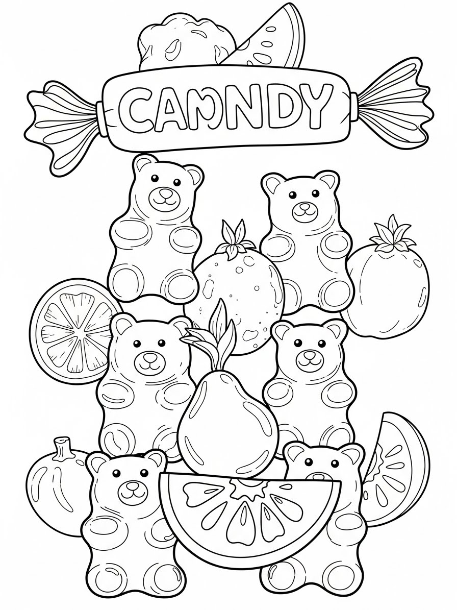 Desenho de Doces com ursos e frutas para colorir
