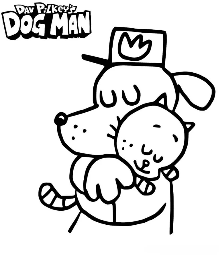 Desenho do Dog Man abraçando um gato para colorir