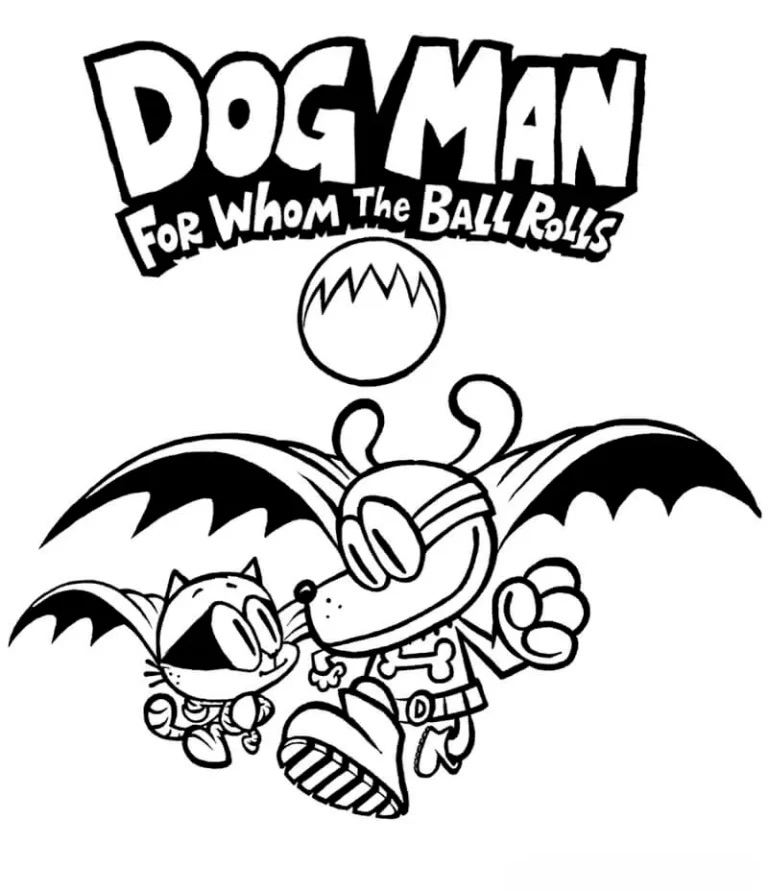 Desenho do Dog Man com gato e bola para colorir