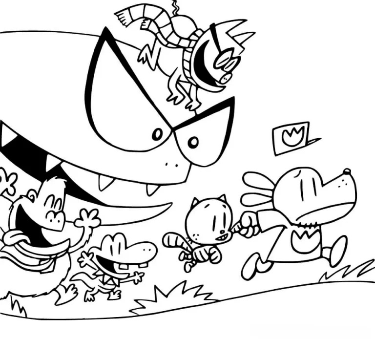 Desenho do Dog Man com amigos e vilão para colorir