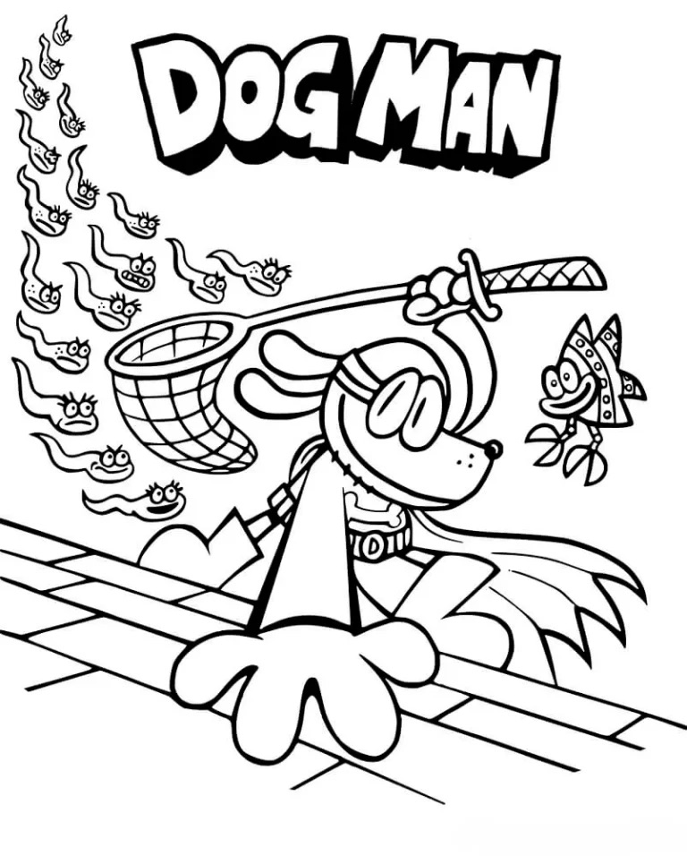 Desenho do Dog Man segurando uma rede para colorir