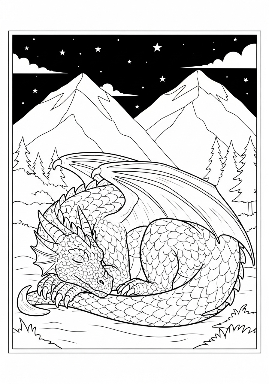 Desenho de Dragão dormindo sob montanhas para colorir