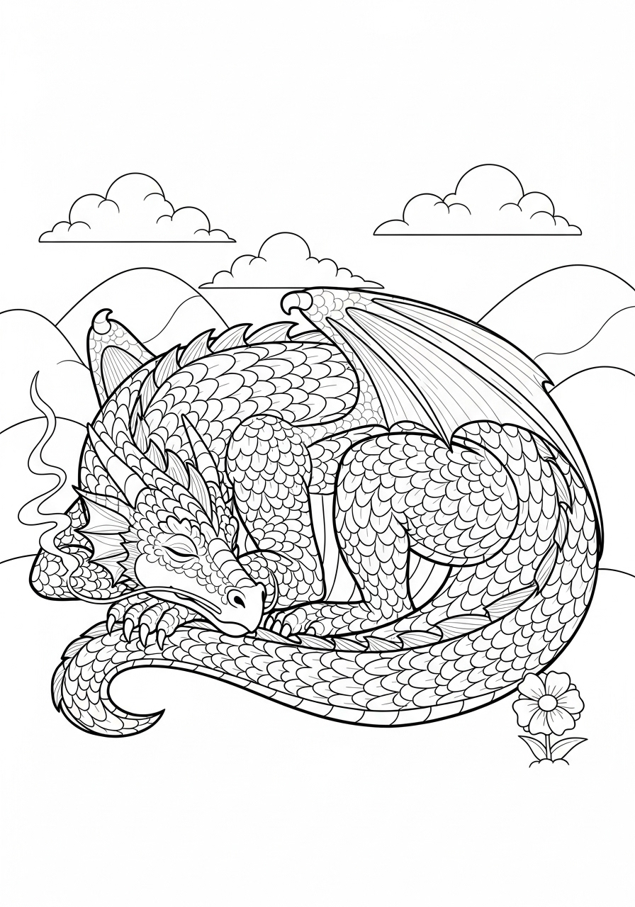 Desenho de Dragão deitado em um cenário montanhoso para colorir