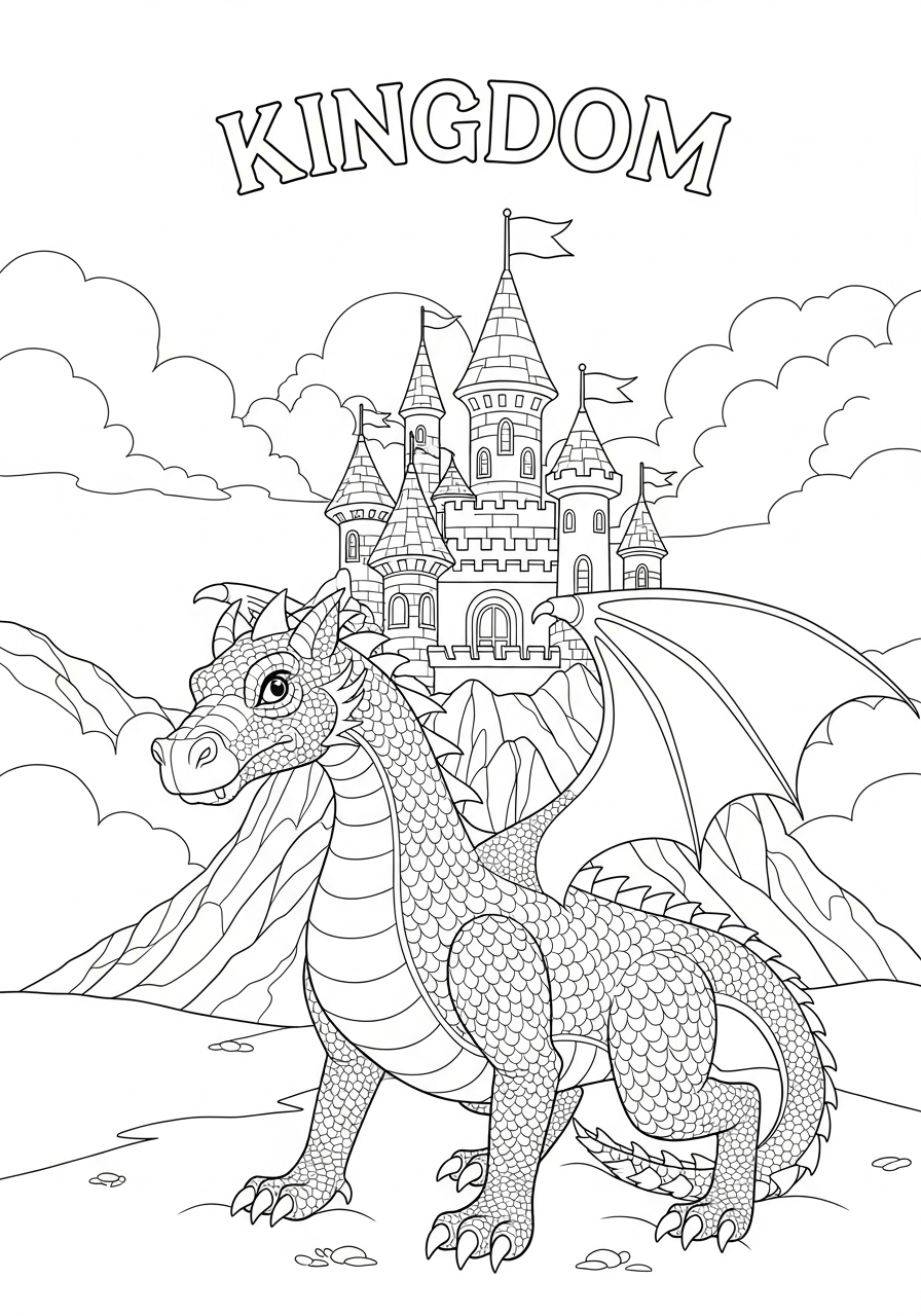 Desenho de Dragão em frente a castelo para colorir