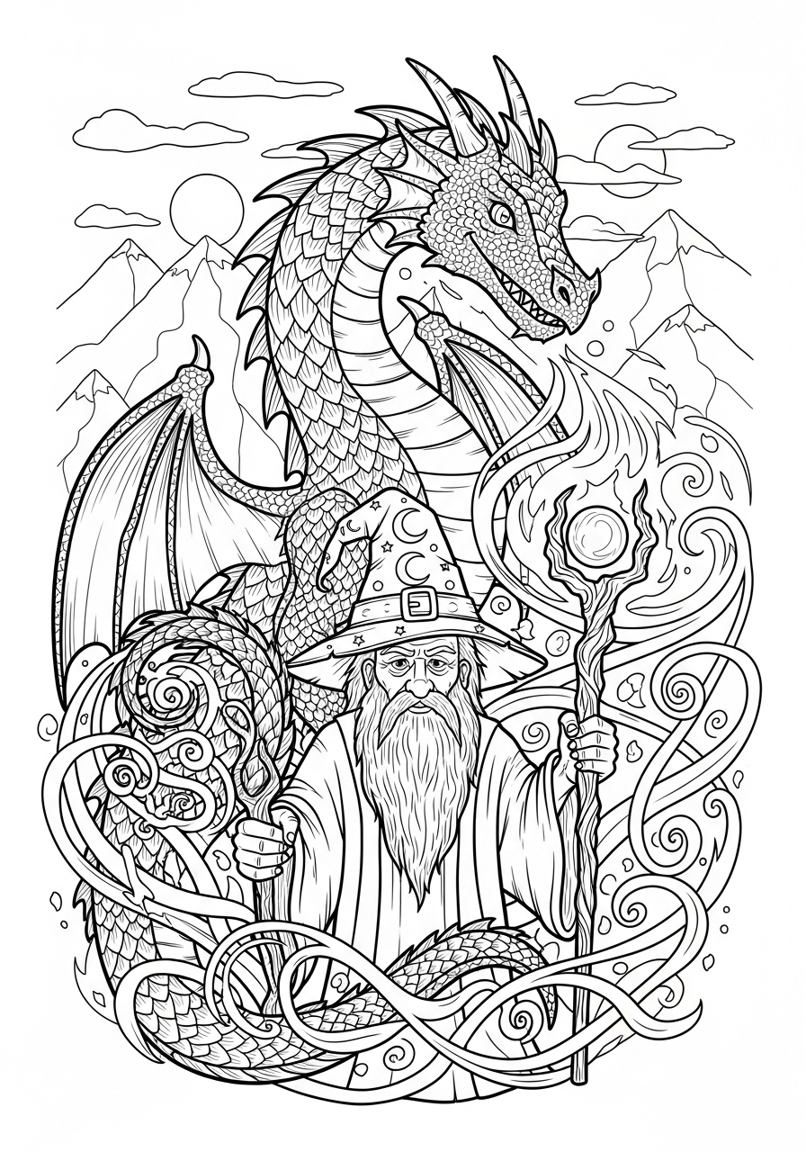 Desenho de Dragão e mago com cajado para colorir