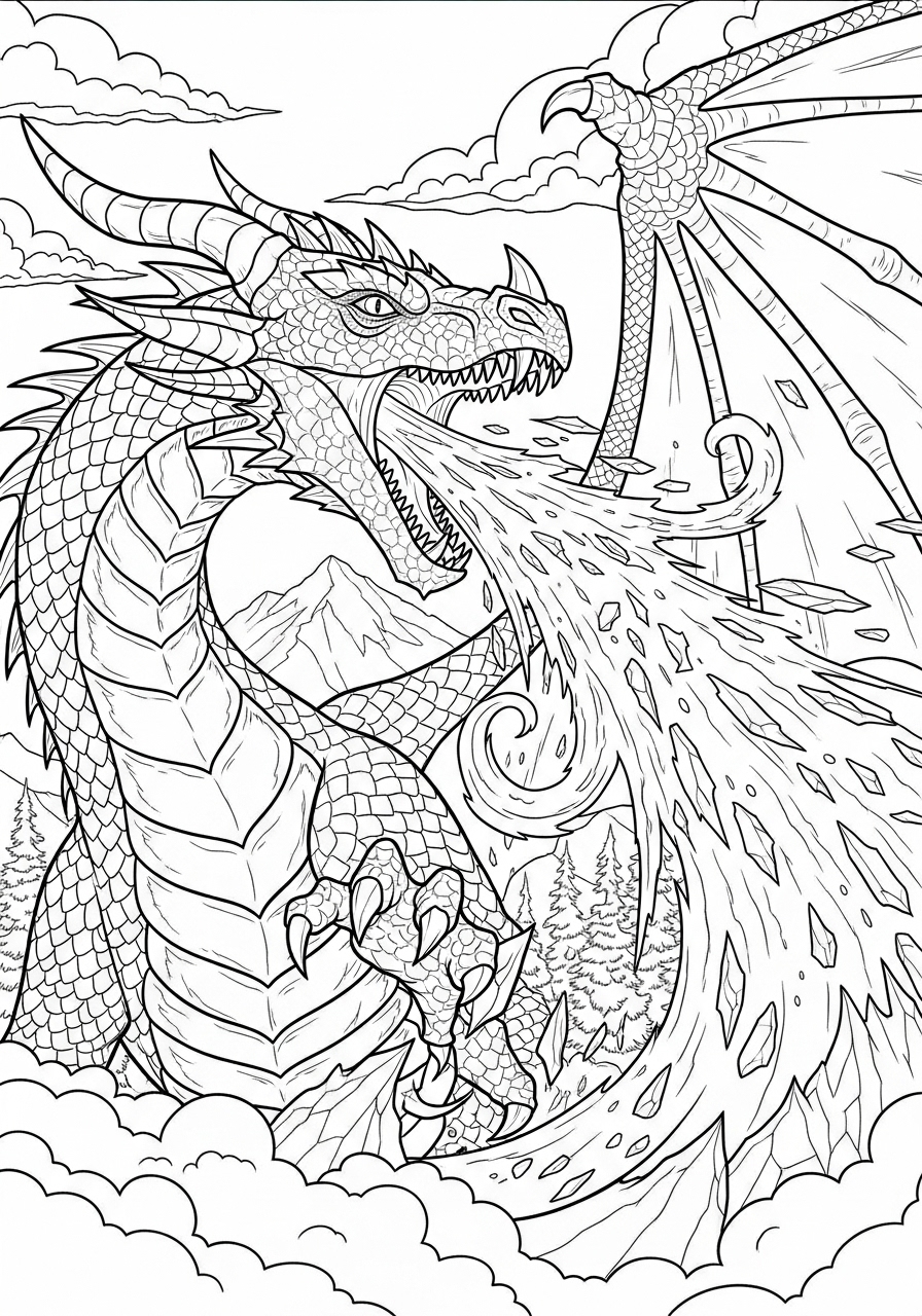 Desenho de Dragão cuspindo fogo em montanhas para colorir