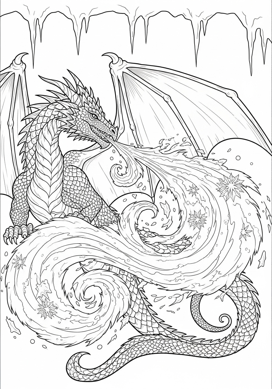 Desenho de Dragão cuspindo água em um cenário congelado