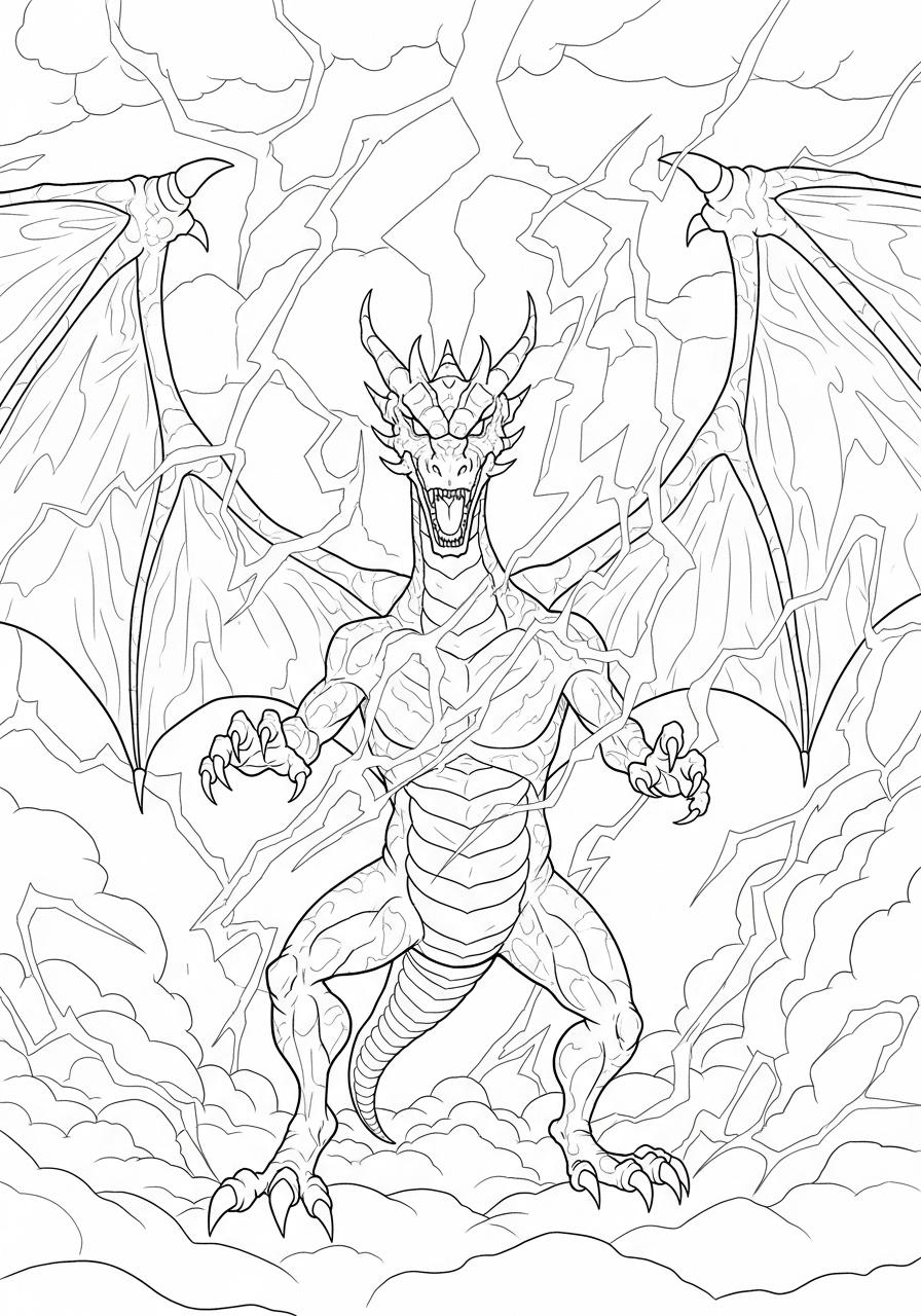 Desenho de Dragão com asas abertas e trovões para colorir