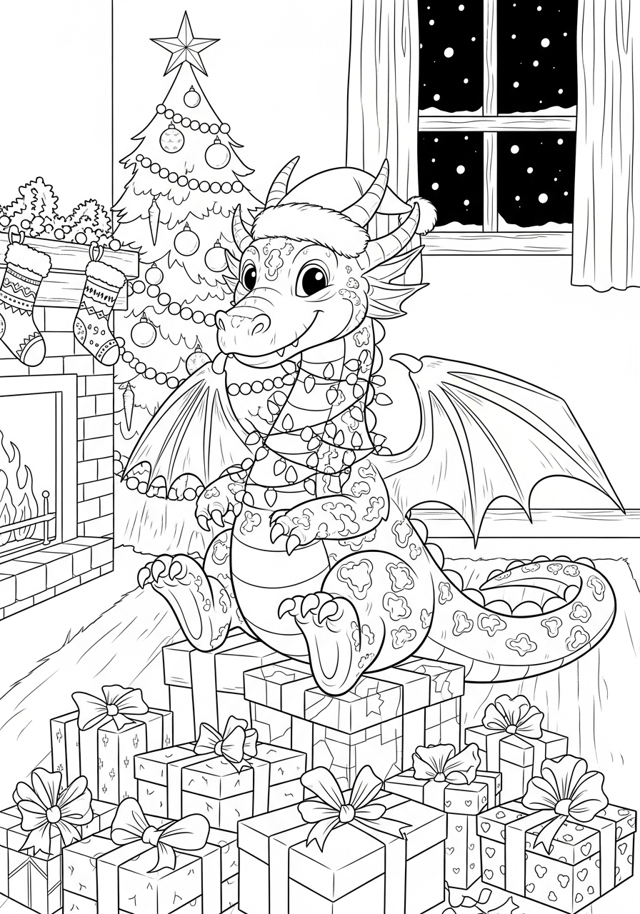 Desenho de Dragão com presentes e árvore de Natal para colorir