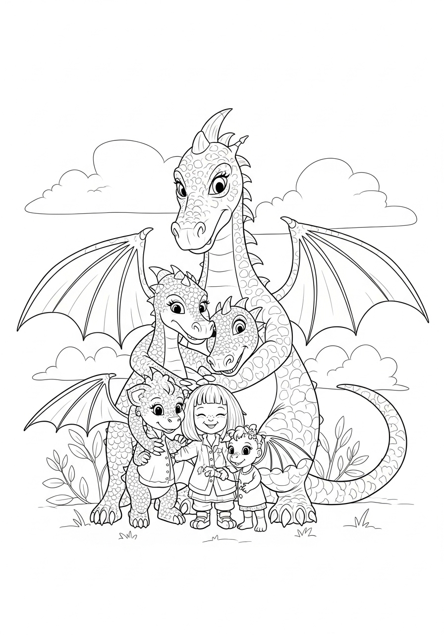 Desenho de Dragão e crianças abraçados para colorir