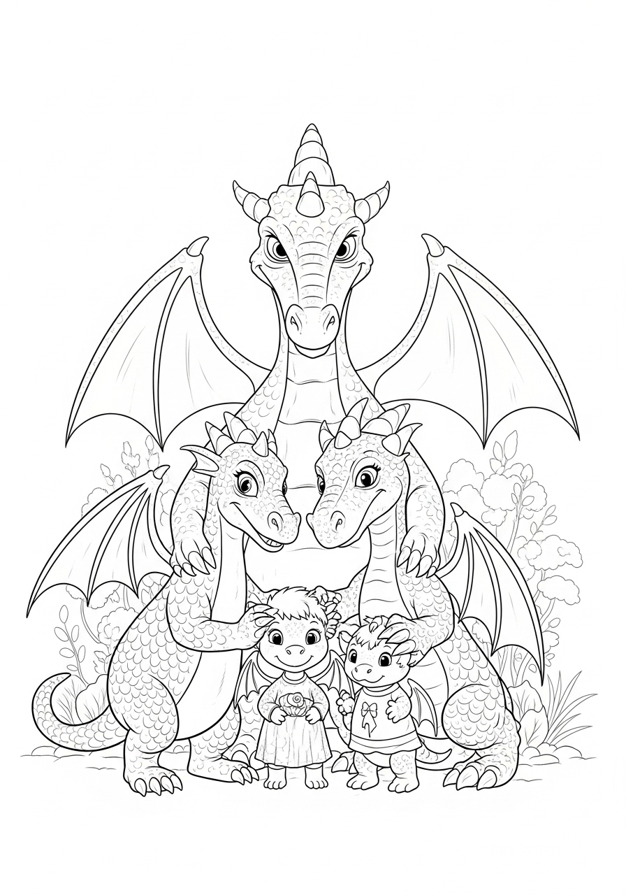 Desenho de Dragão e personagens em grupo para colorir
