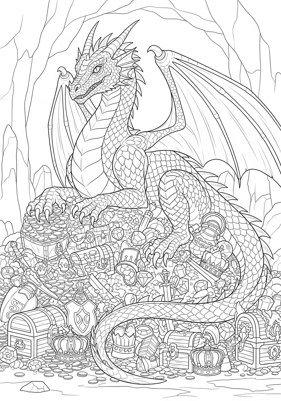 Desenho de Dragão sobre montanha de tesouros para colorir