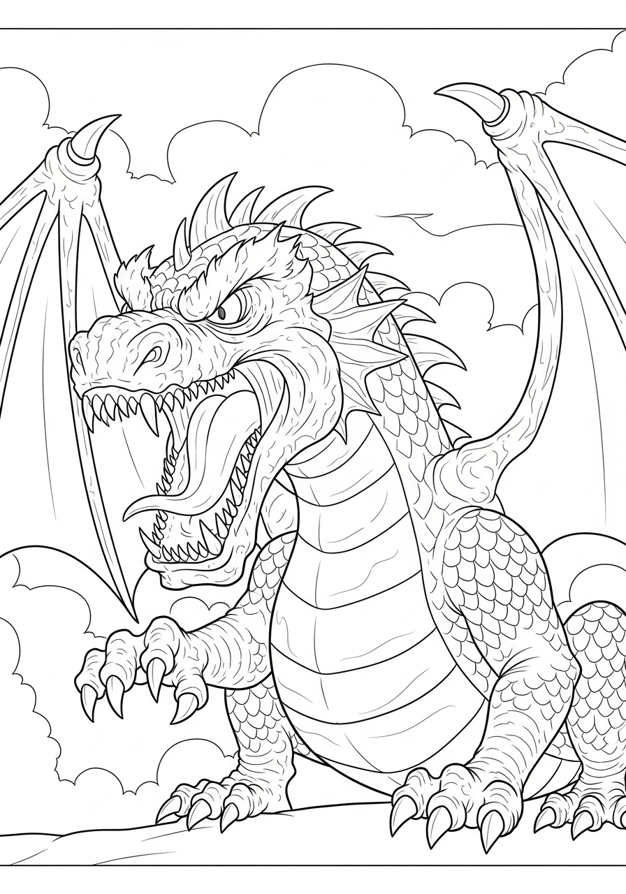 Desenho de Dragão feroz com asas e escamas para colorir