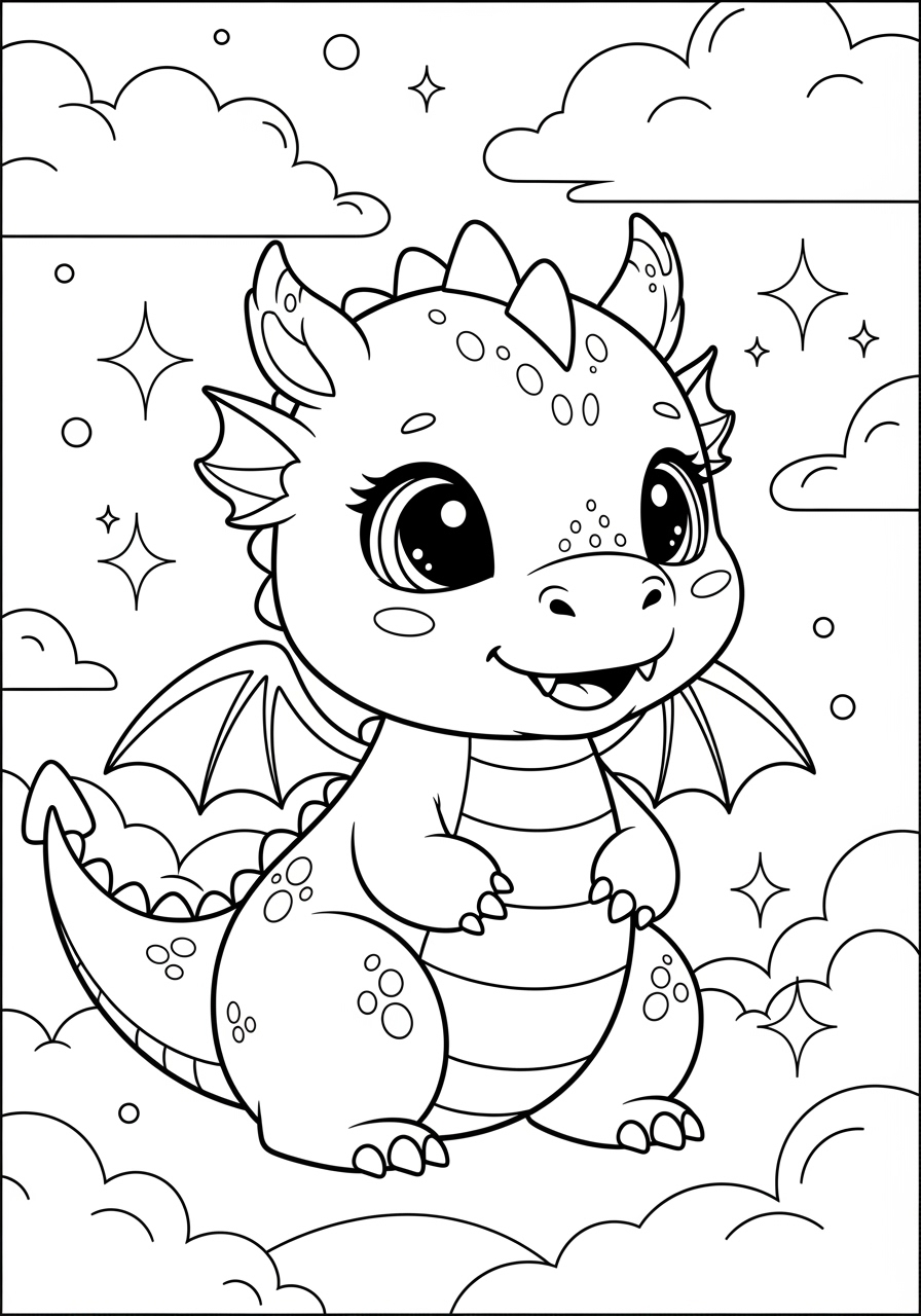 Desenho de Dragão fofo sorridente entre nuvens para colorir