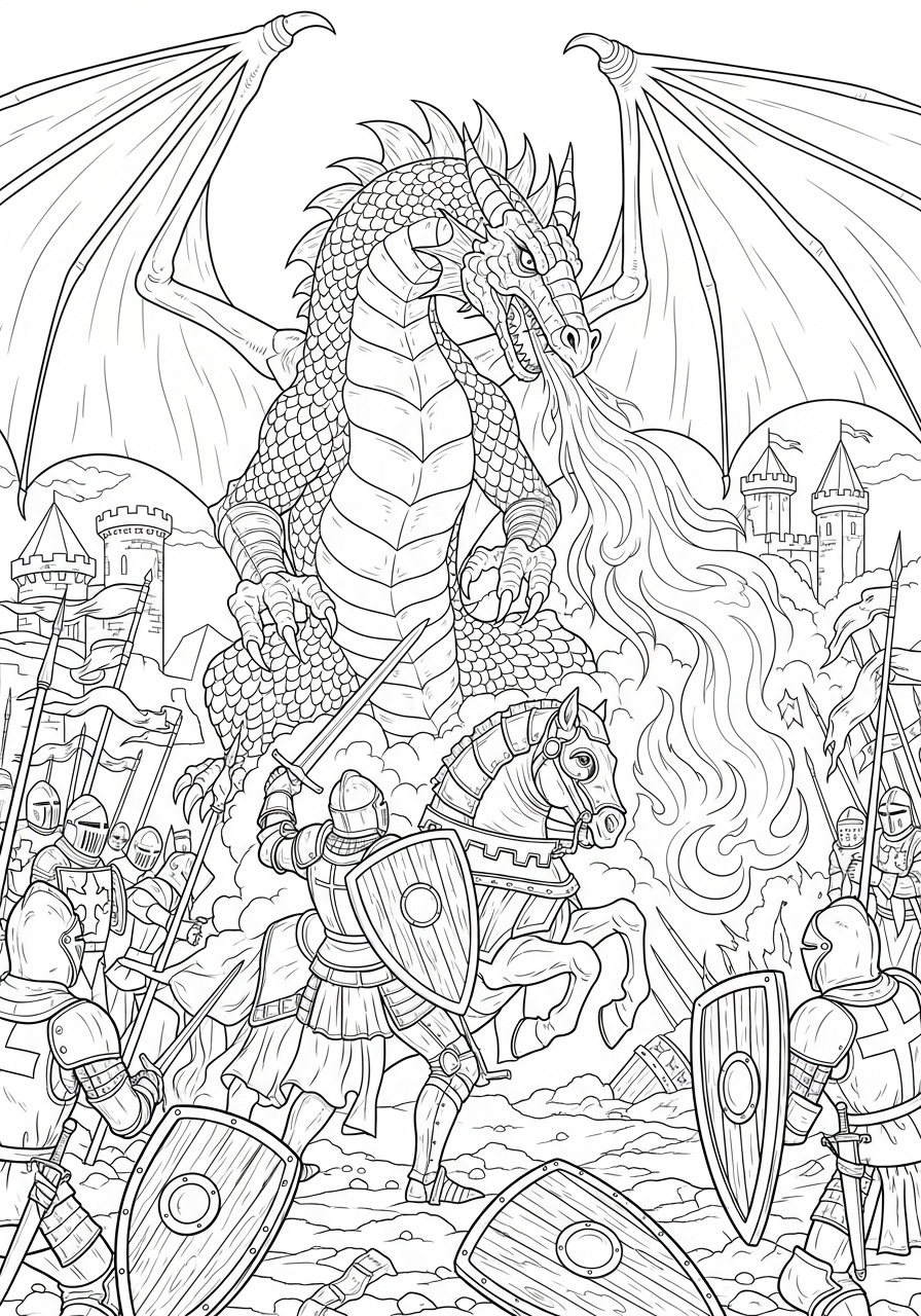 Desenho de Dragão soltando fogo em batalha para colorir