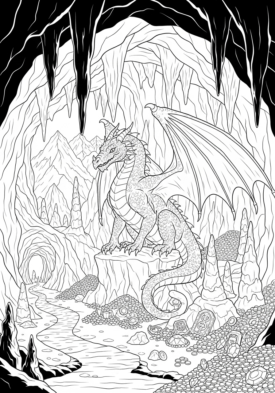 Desenho de Dragão em uma caverna para colorir