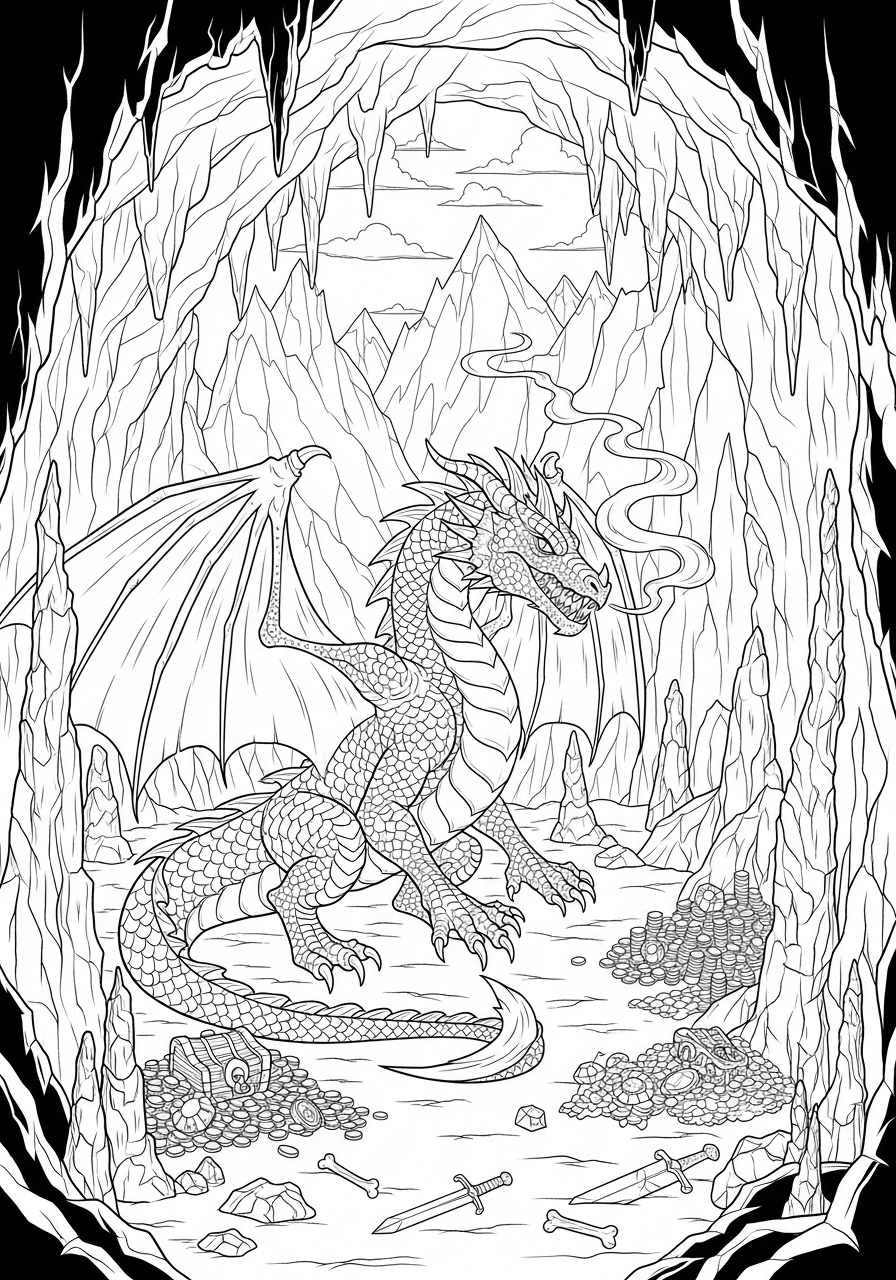 Desenho de Dragão em caverna cheio de tesouros para colorir