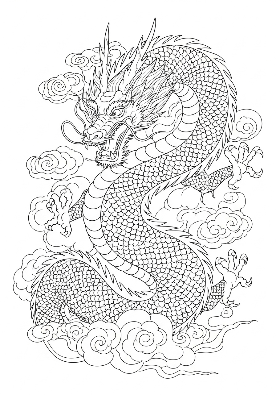 Desenho de Dragão envolto em nuvens para colorir