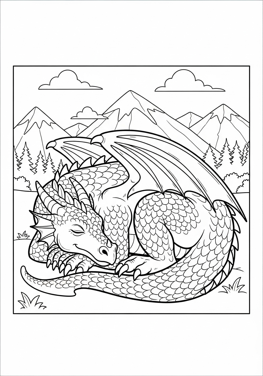 Desenho de Dragão dormindo em um cenário montanhoso