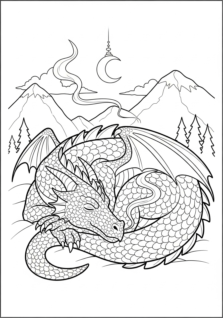 Desenho de Dragão dormindo em uma paisagem para colorir