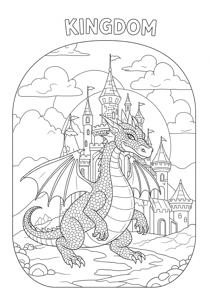 Desenho de Dragão na frente de um castelo para colorir