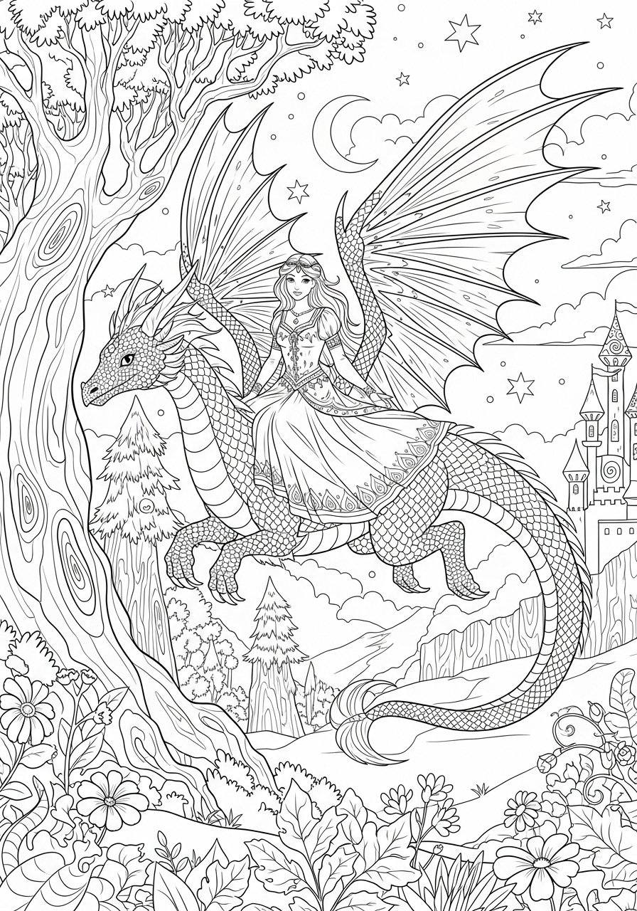 Desenho de Dragão com uma jovem montando para colorir