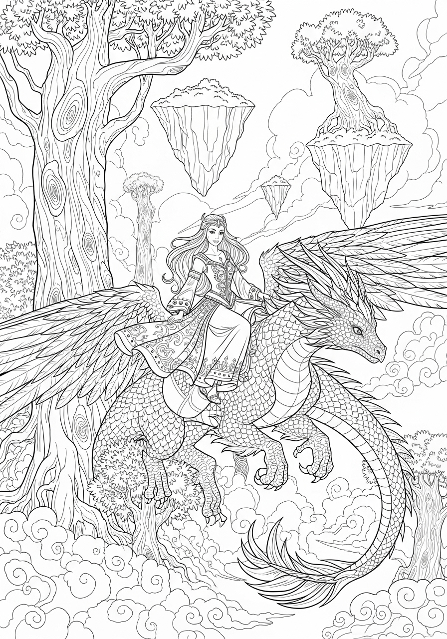 Desenho de Dragão voando com uma mulher para colorir