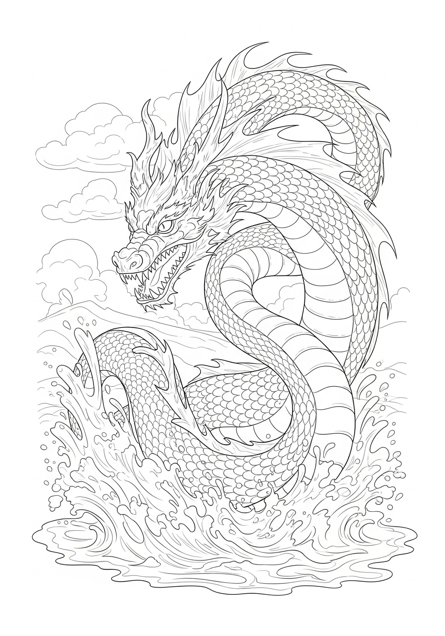 Desenho de Dragão emergindo das águas para colorir