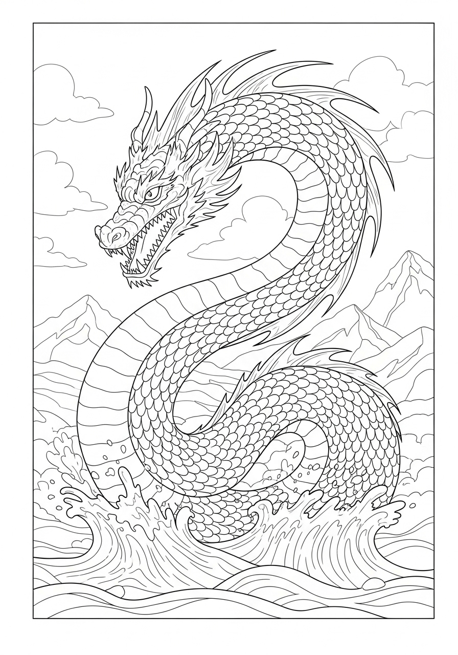 Desenho de Dragão submerso em ondas para colorir