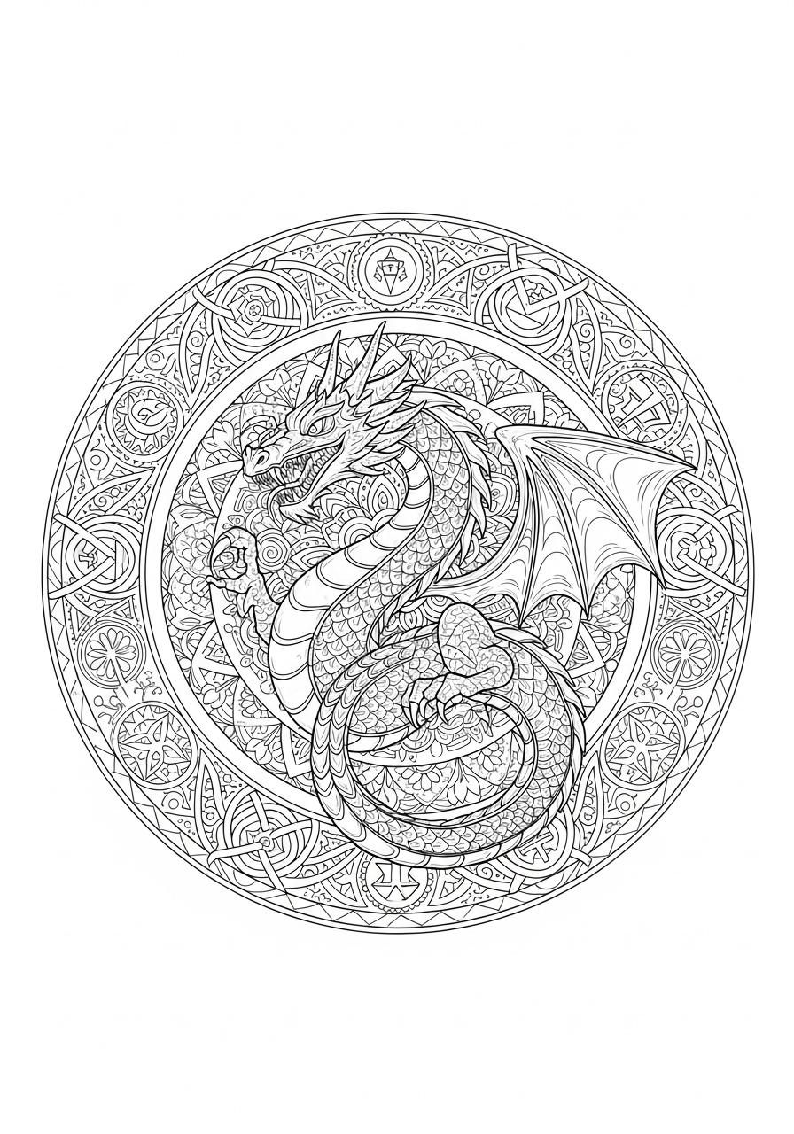Desenho de Dragão decorado em um círculo para colorir
