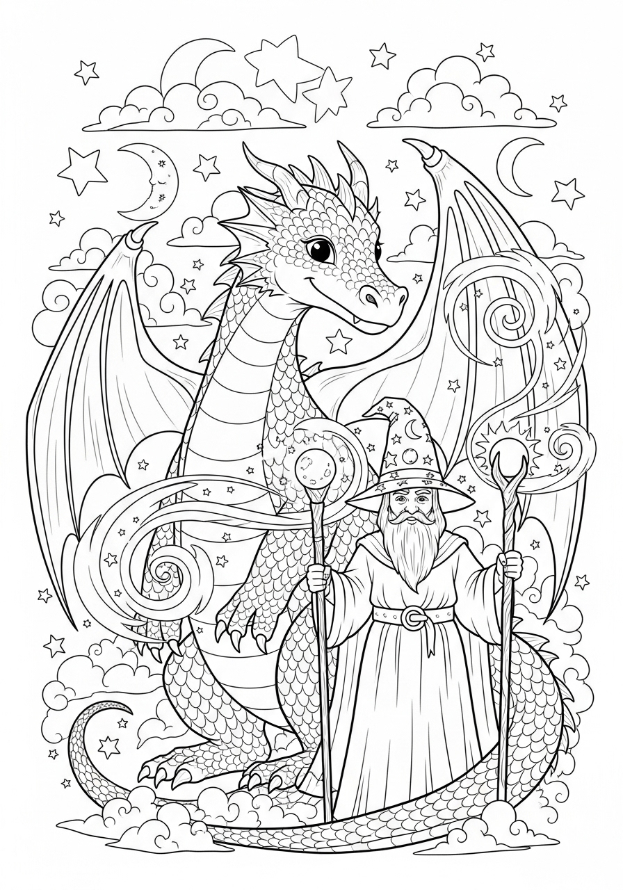 Desenho de Dragão ao lado de um mago para colorir
