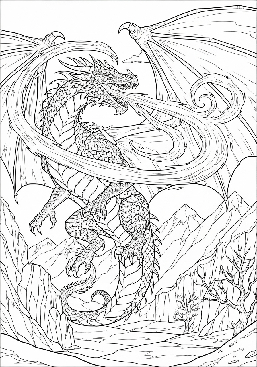 Desenho de Dragão soltando fogo nas montanhas para colorir