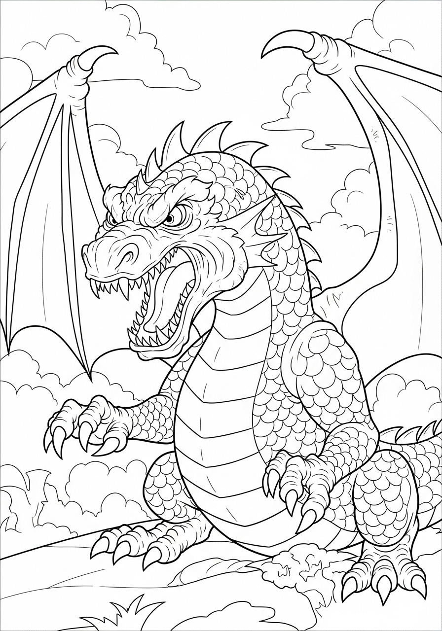 Desenho de Dragão feroz com asas e escamas para colorir