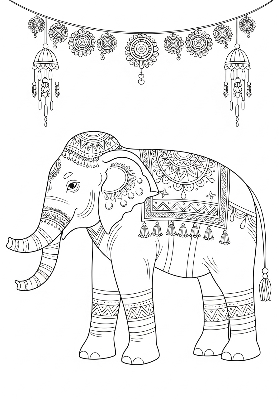 Desenho de Elefante decorado tradicional para colorir