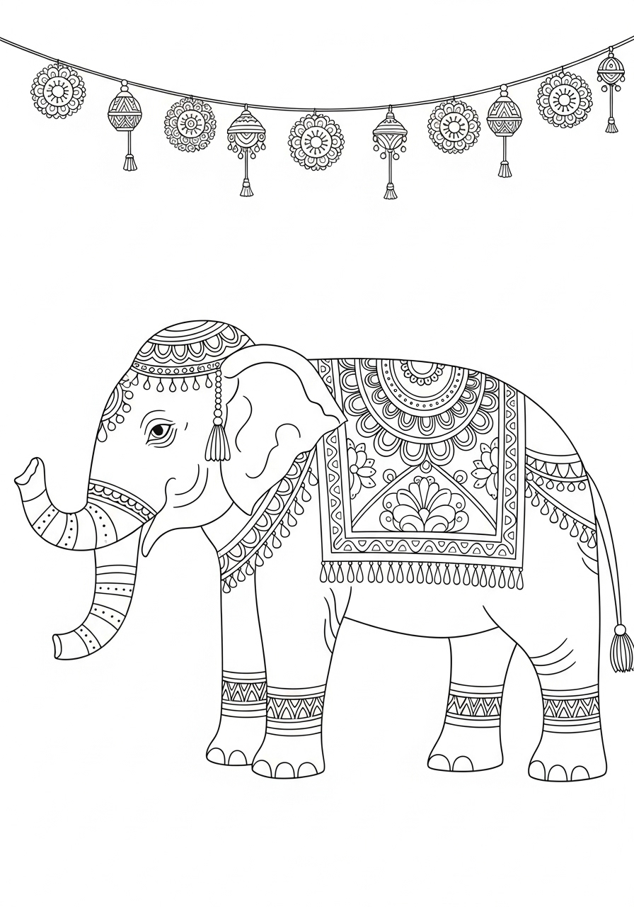 Desenho de Elefante decorado com mandalas para colorir
