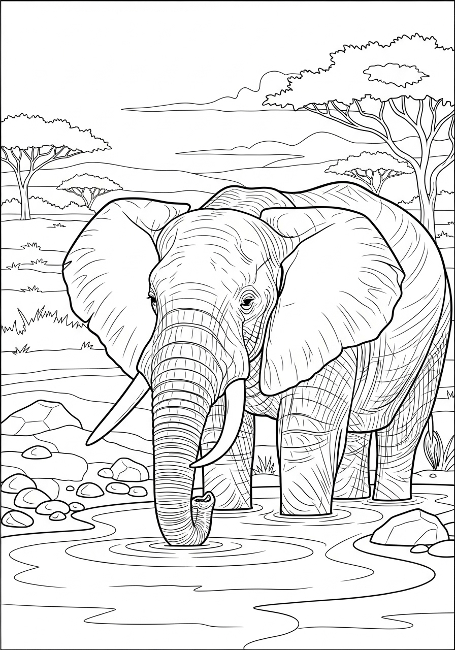 Desenho de Elefante africano junto ao rio para colorir