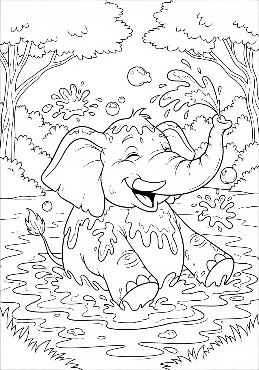 Desenho de Elefante feliz na água para colorir