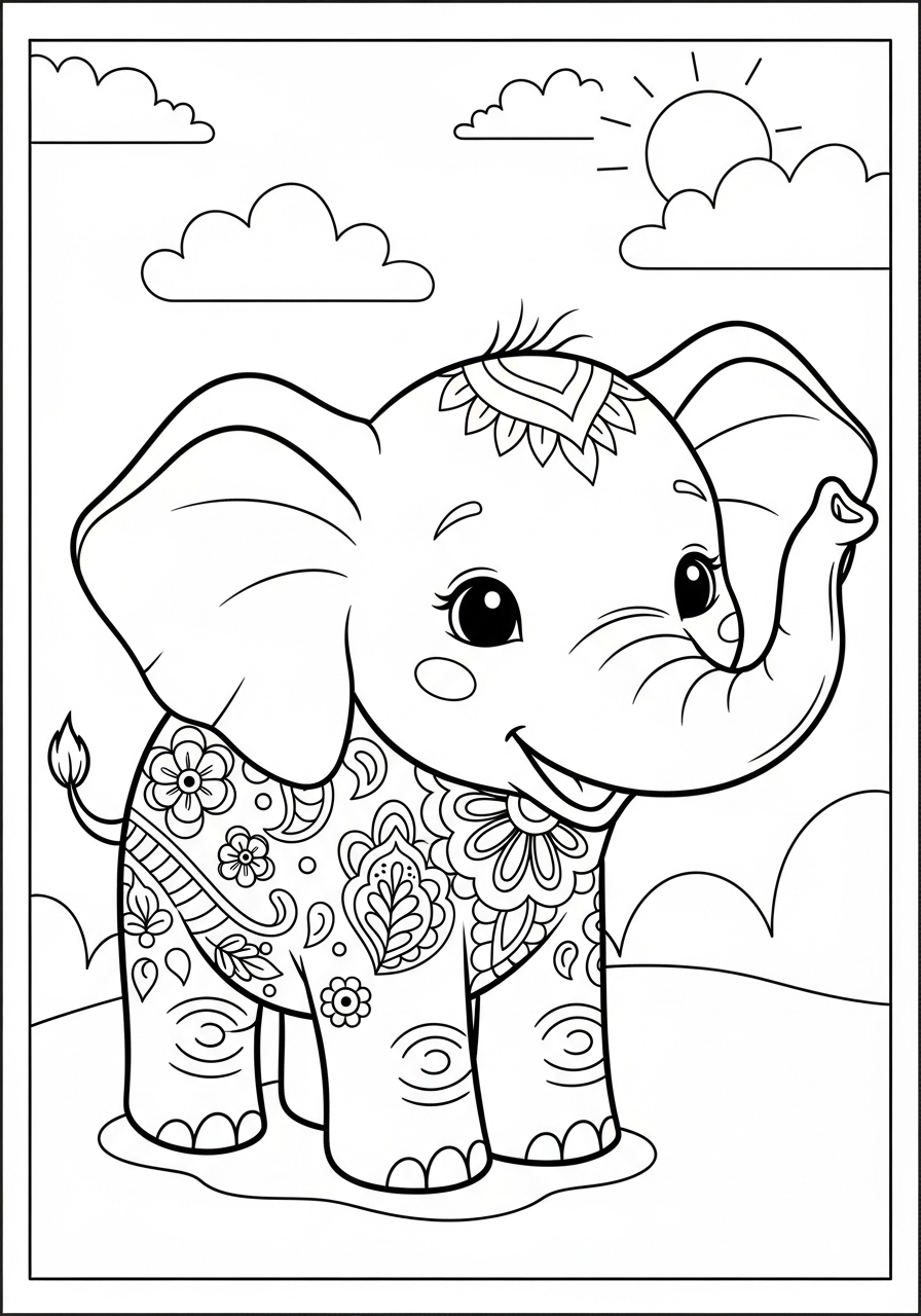 Desenho de elefante bebê com padrões para colorir