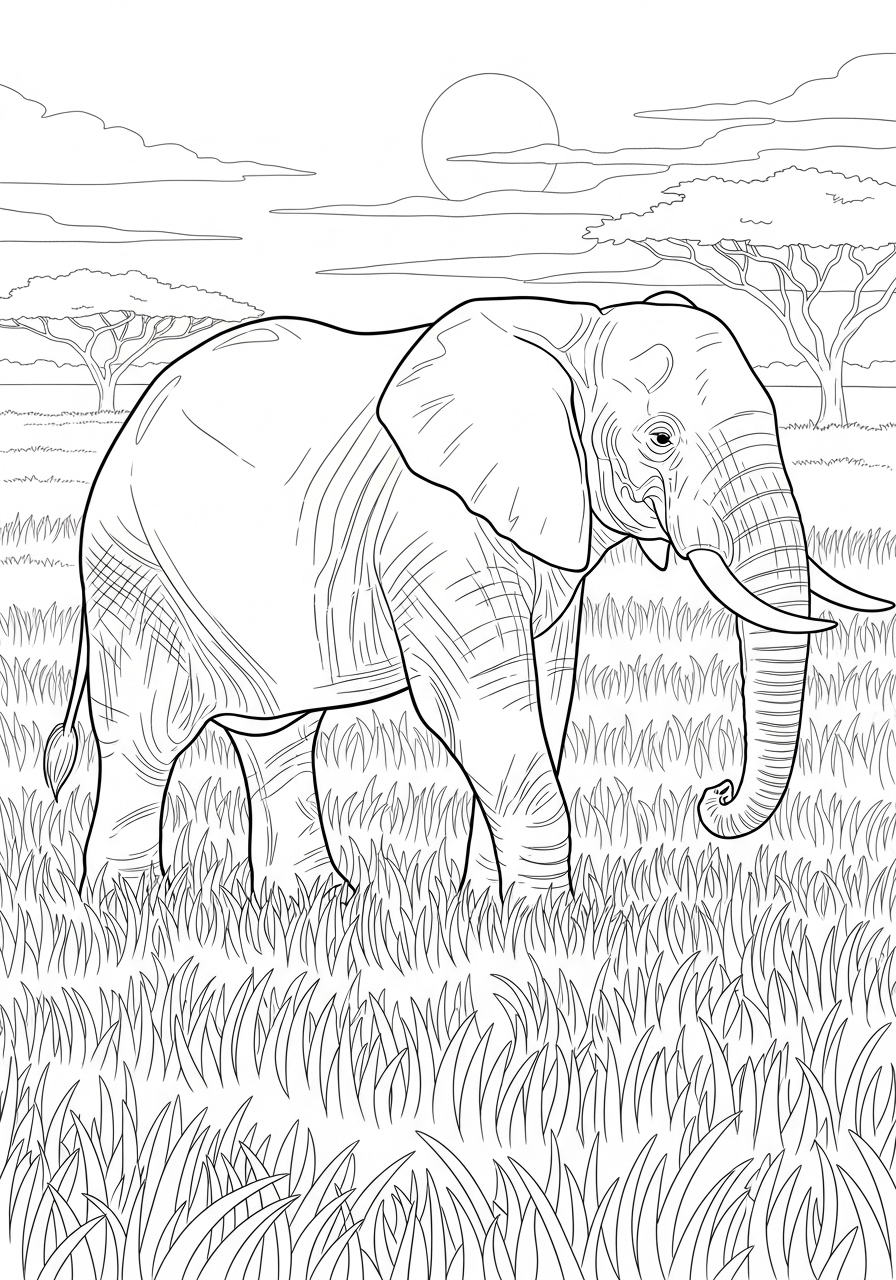 Desenho de Elefante em paisagem africana para colorir