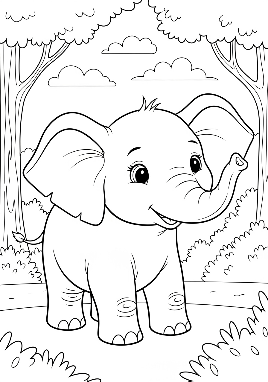 Desenho de Elefante Filhote na Floresta para Colorir