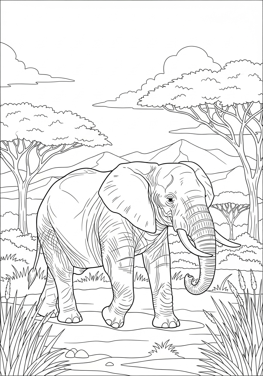 Desenho de Elefante na savana africana para colorir